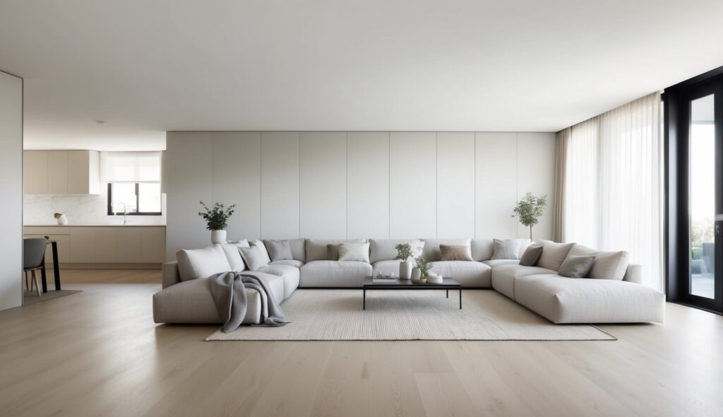 A spacious room with clean lines and neutral colors. A low-profile sofa, a sleek coffee table, and a few carefully chosen decor pieces. Large windows let in natural light, and potted plants add a touch of greenery