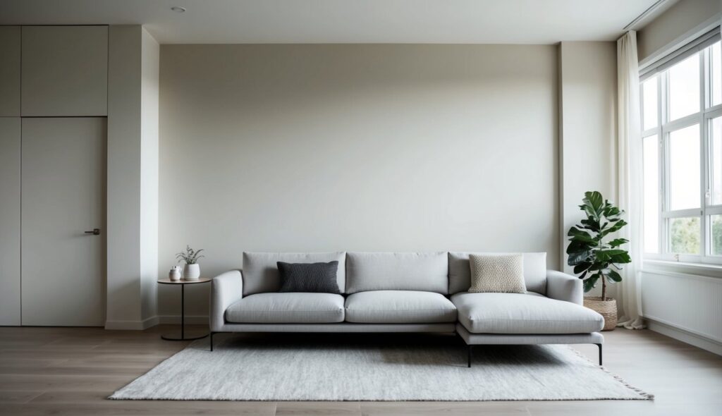 A spacious living room with clean lines and neutral tones. A simple, modern sofa sits against a bare wall, accented by a few carefully chosen decor pieces